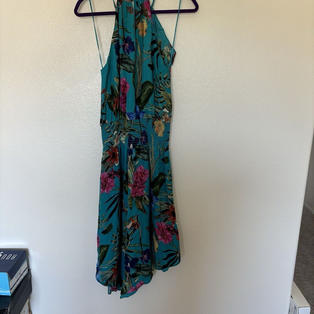 Parker 100% Silk Halter Mini Dress Sz S Floral Romantic Ruffle Smocked Waist - Picture 5 of 7